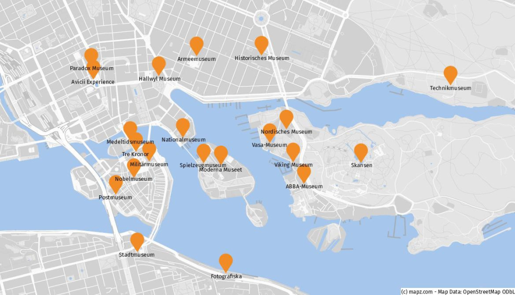 Stadtplan von Stockholm mit einer Auswahl an Museen