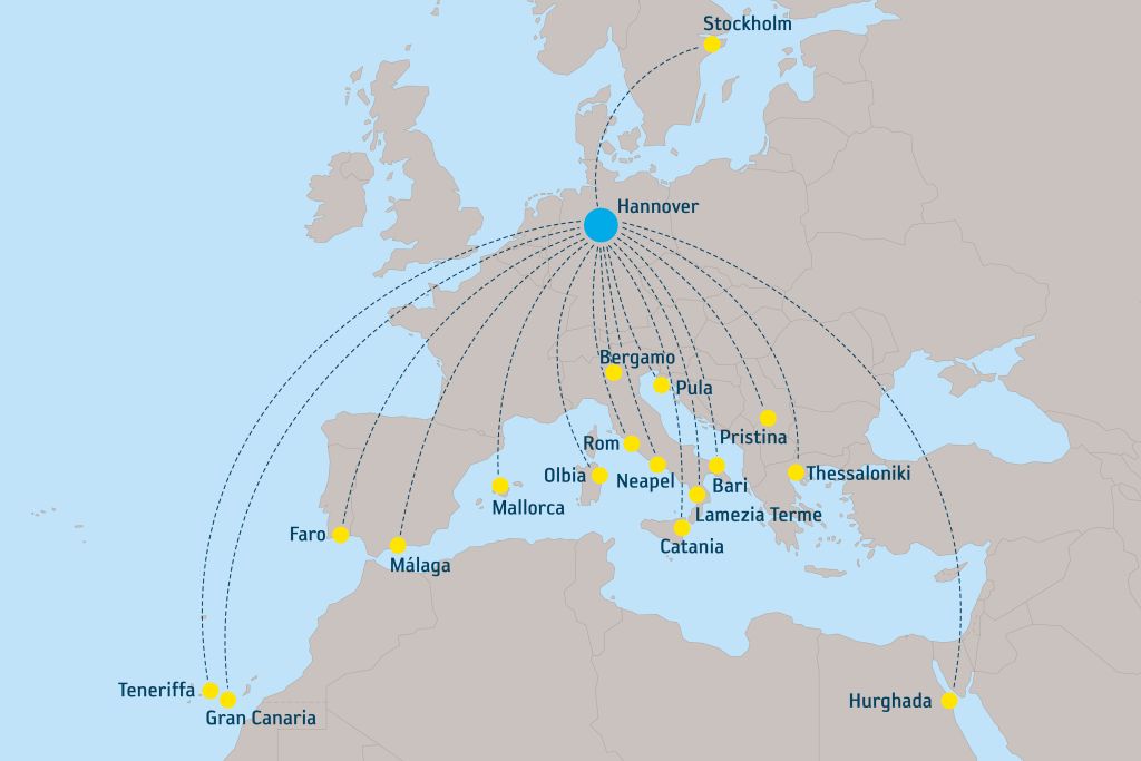 Auf einer Landkarte sind alle neuen Ziele der Eurowings dargestellt.