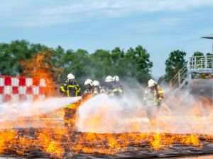 Die Kollegen der Flughafenfeuerwehr greifen einen Flächenbrand an.